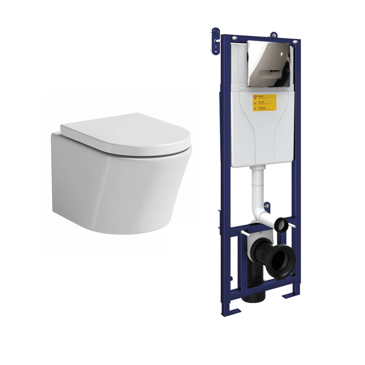 Arc Wall Hung Toilet &amp; SAN85 1.1m Wall Hung WC Frame Deal &amp; Chrome Flush Plate