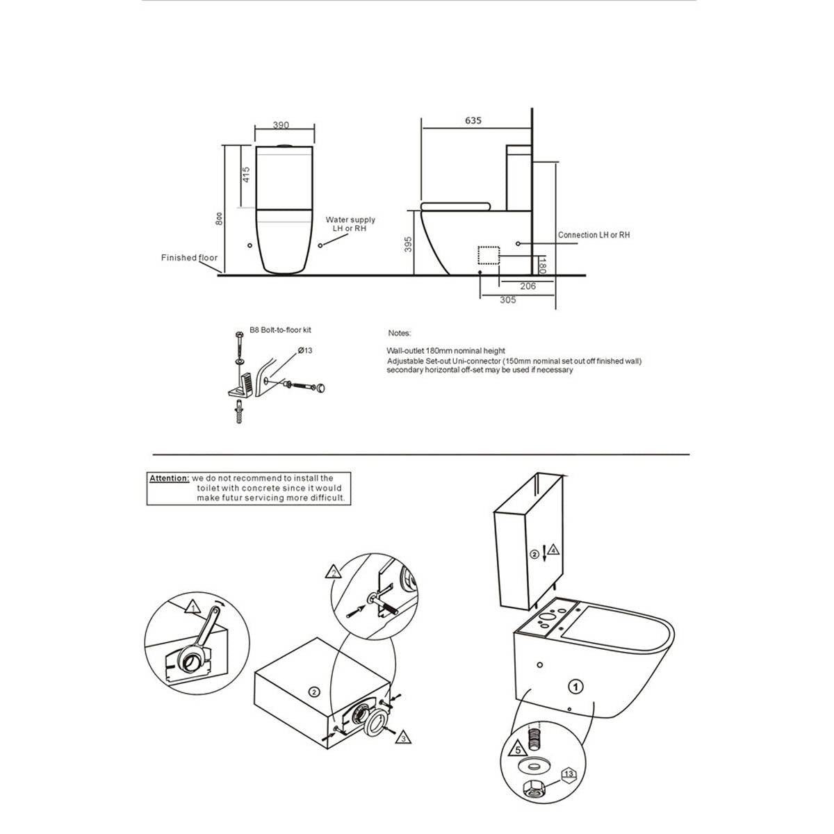 Arc Rimless Fully Back to Wall Toilet & Soft Close Seat - Technical drawing