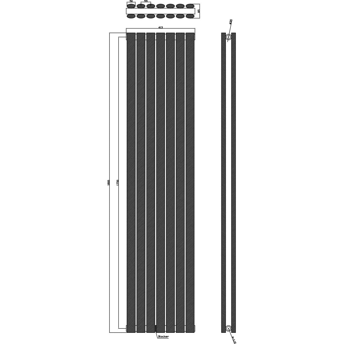 Andretti Double 1800mm x 413mm Vertical Designer Radiator - White - Technical drawing