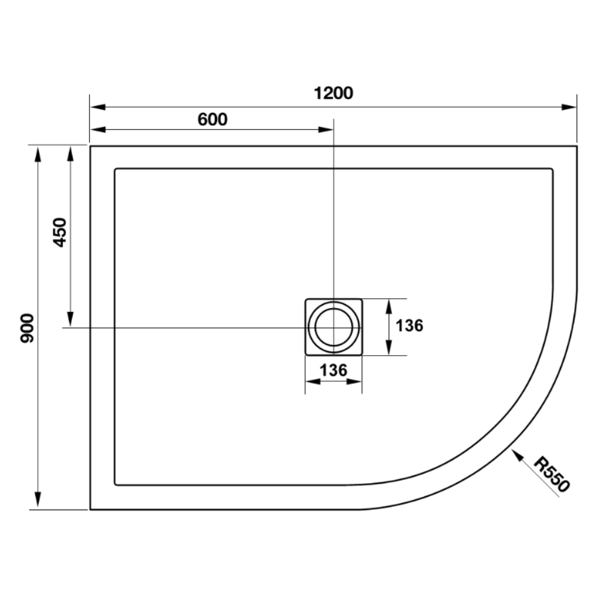 Aquadart Aqualavo 1200 x 900mm Offset Quadrant Left Hand - Technical drawing