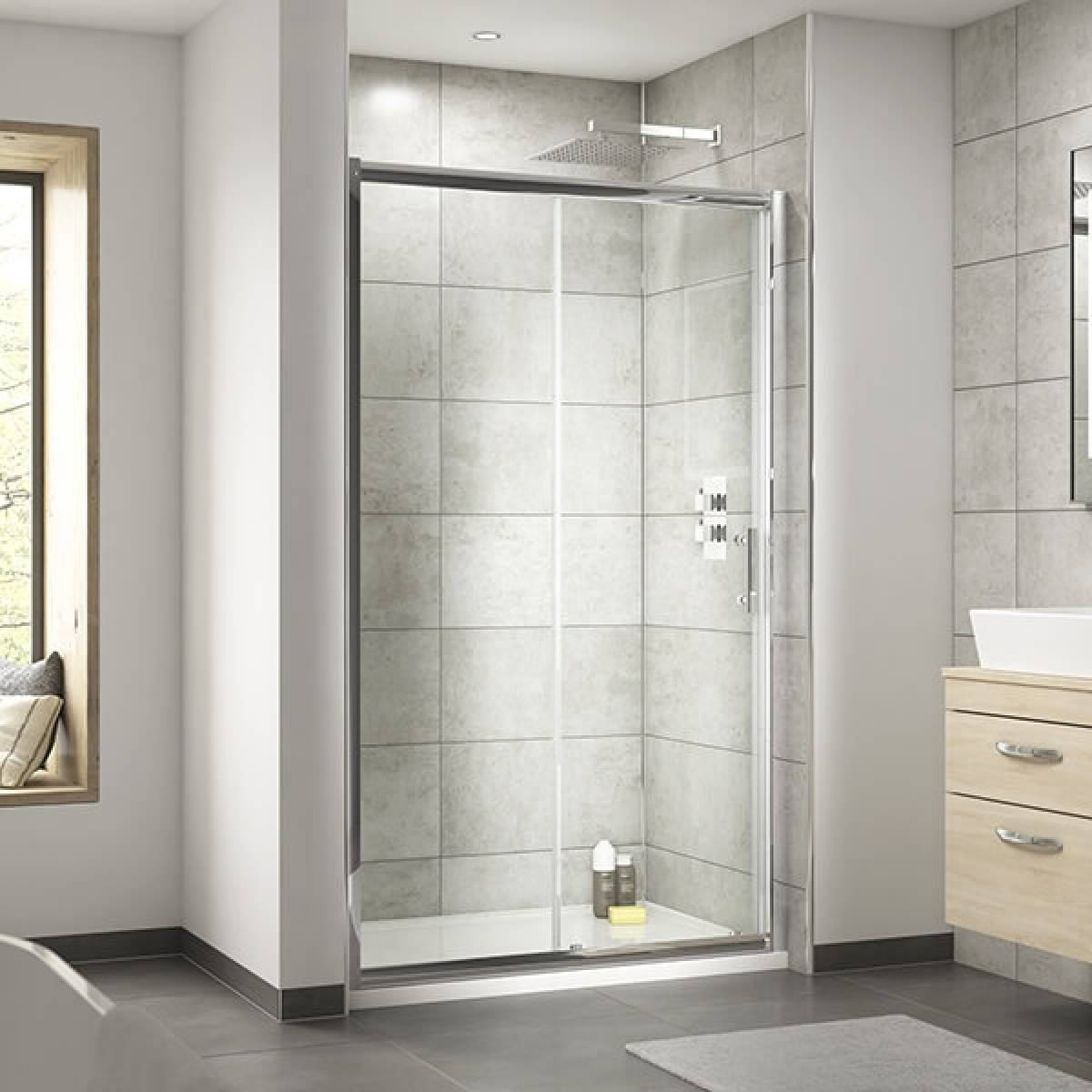 Nuie Pacific 1200mm Single Sliding Shower Door - Technical drawing