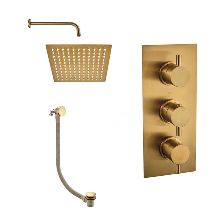Aquadart Round Brushed Brass Thermostatic Concealed Shower Mixer with 200mm Fixed Head &amp; Overflow Bath Filler