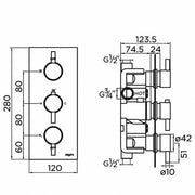 Aquadart Round Brushed Brass Thermostatic Concealed Shower Mixer with 200mm Fixed Head & Overflow Bath Filler - Technical drawing