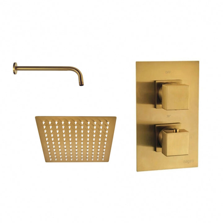 Aquadart Square Brushed Brass Thermostatic Concealed Shower Mixer with 200mm Fixed Head &amp; Wall Arm