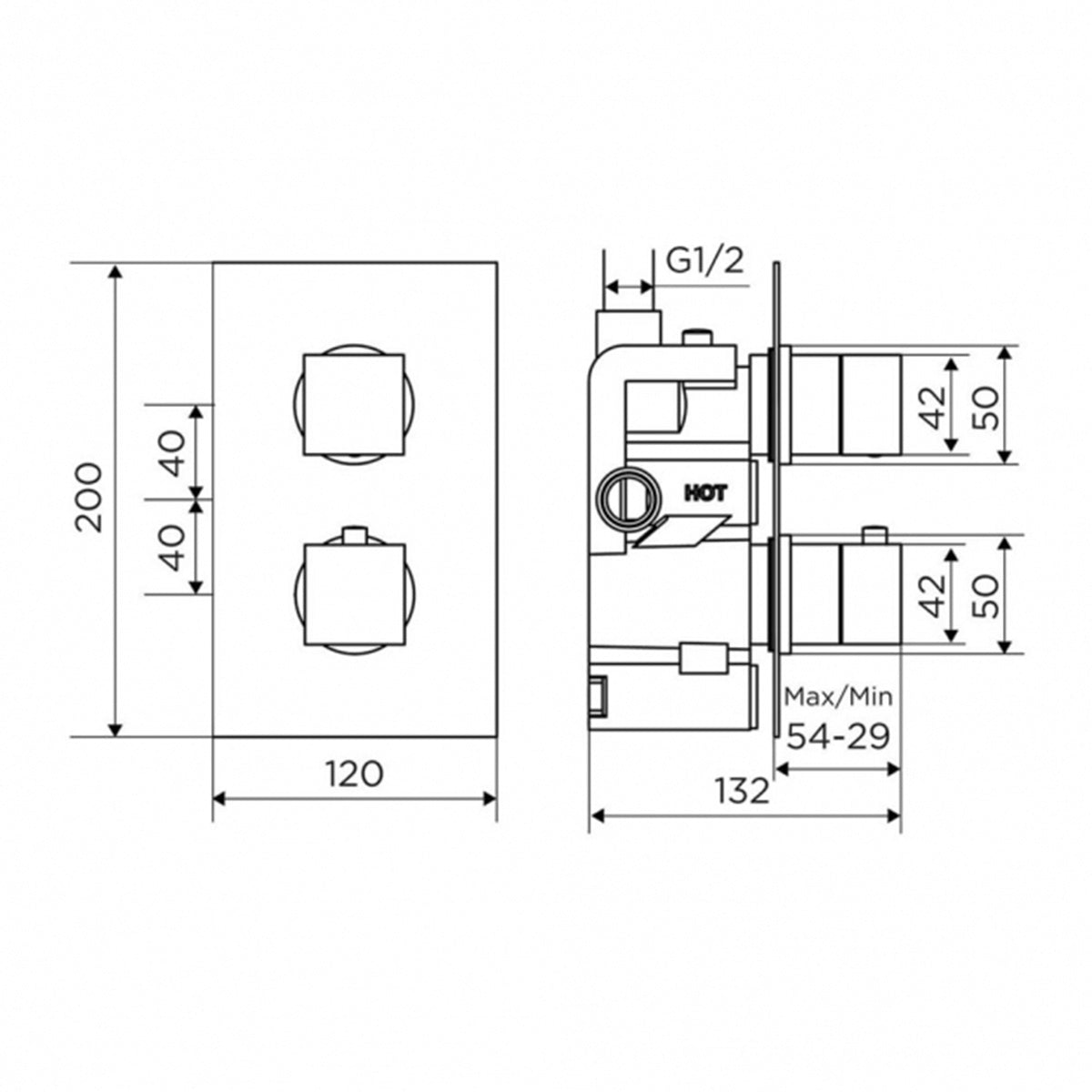 Aquadart Square Brushed Brass Thermostatic Concealed Shower Mixer with 200mm Fixed Head & Wall Arm - Technical drawing
