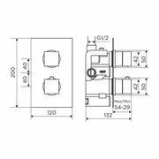 Aquadart Square Brushed Brass Thermostatic Concealed Shower Mixer with 200mm Fixed Head & Wall Arm - Technical drawing