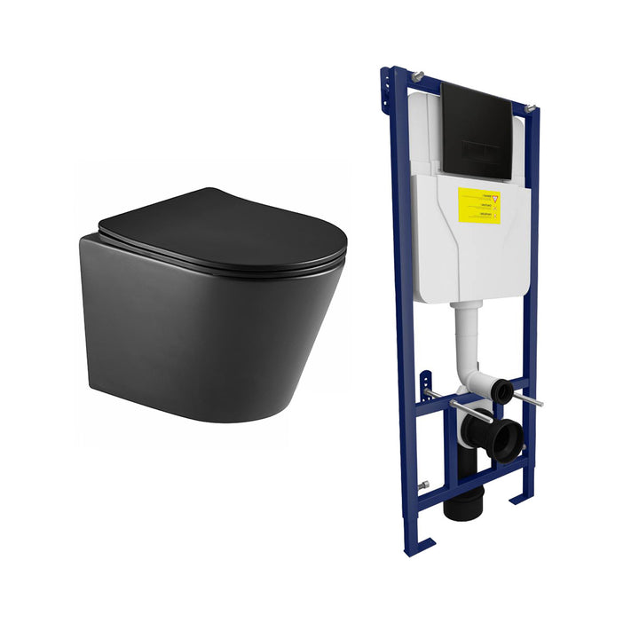 Arc Rimless Black Wall Hung Toilet &amp; SAN85 1.1m Wall Hung WC Frame Deal &amp; Black Flush Plate