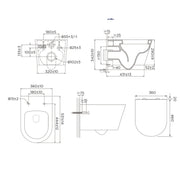 Arc Wall Hung Toilet & SAN85 1.1m Wall Hung WC Frame Deal & Brushed Brass Flush Plate - Technical drawing