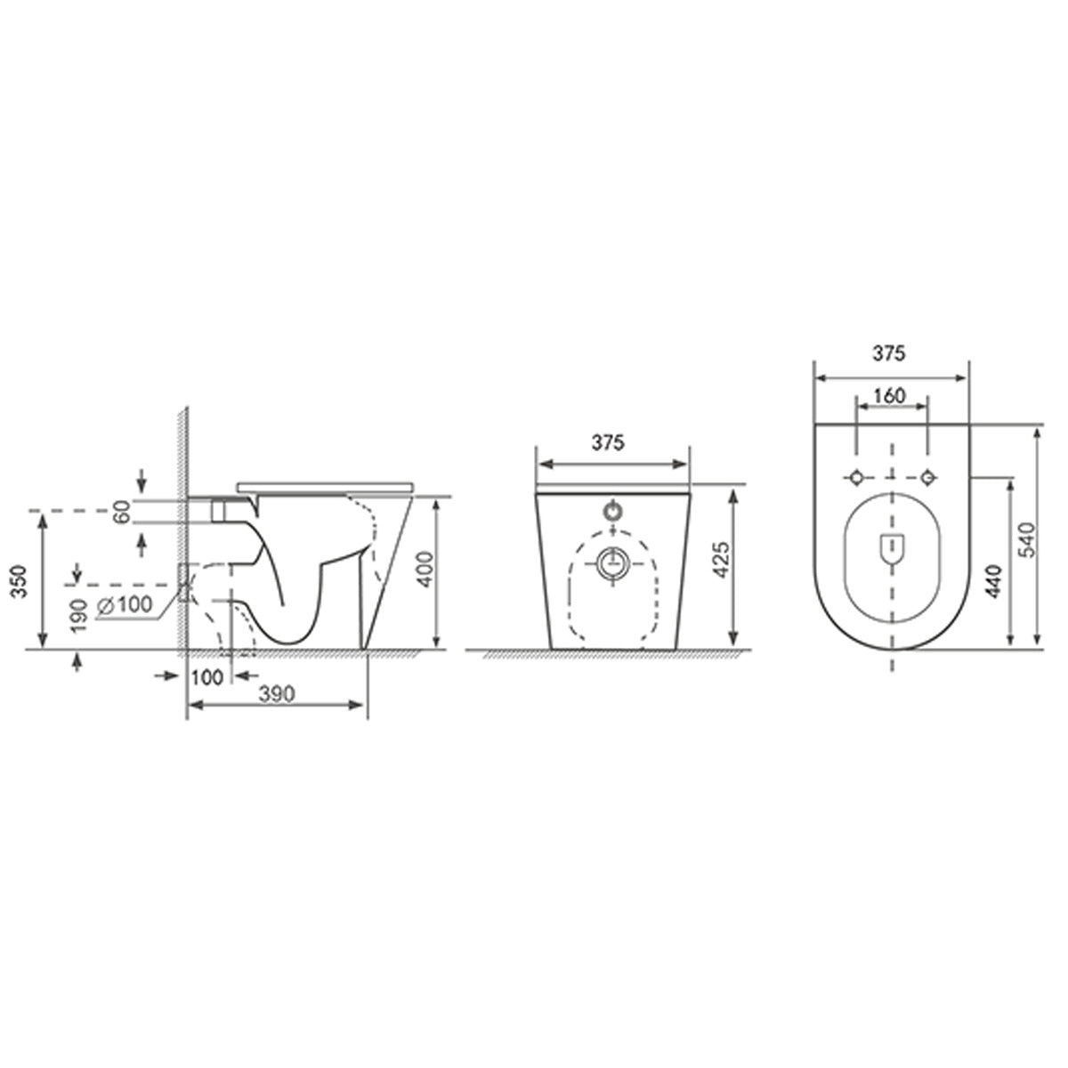 Arc Rimless Back to Wall Toilet & Soft Close Seat - Matt Black - Technical drawing