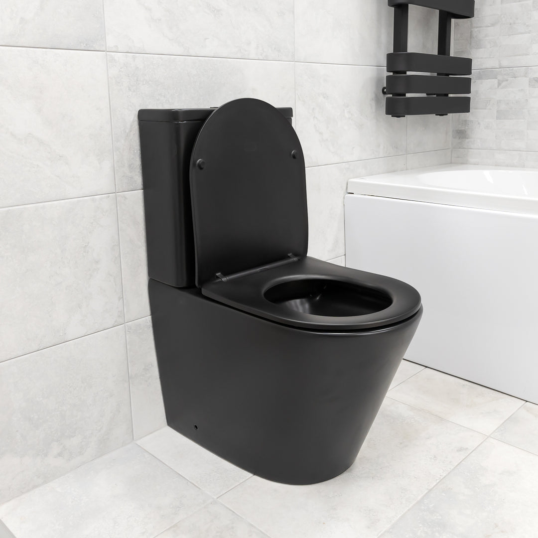 Arc Rimless Close Coupled Fully Back To Wall Toilet &amp; Soft Close Seat - Black