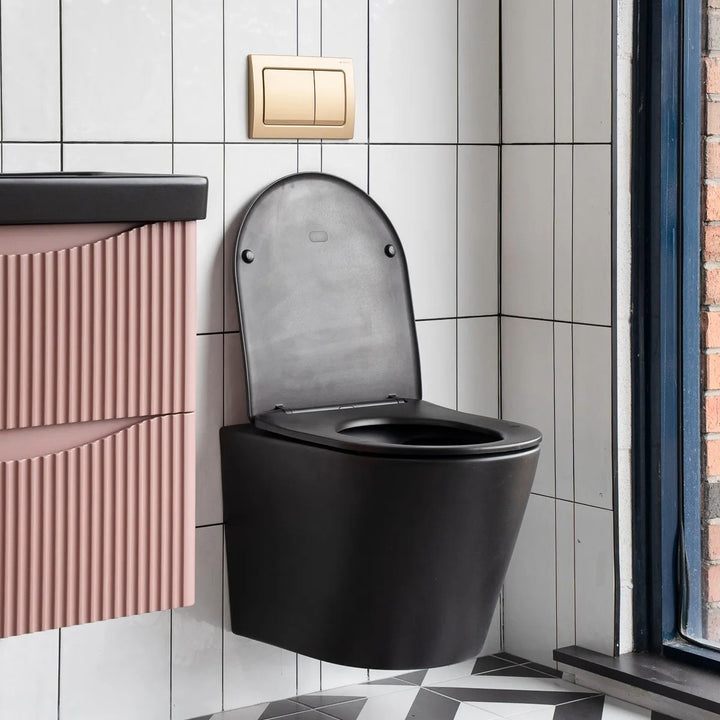 Geberit Duofix 1.12m Wall Hung WC Frame 3 in 1 Deal with Black Flush Plate and Black Wall Hung Toilet
