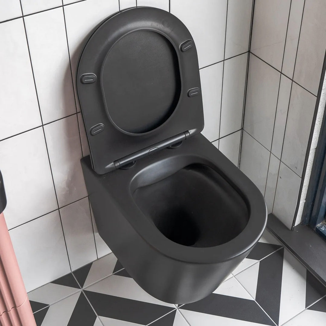 Geberit Duofix 1.12m Wall Hung WC Frame 3 in 1 Deal with Black Flush Plate and Black Wall Hung Toilet