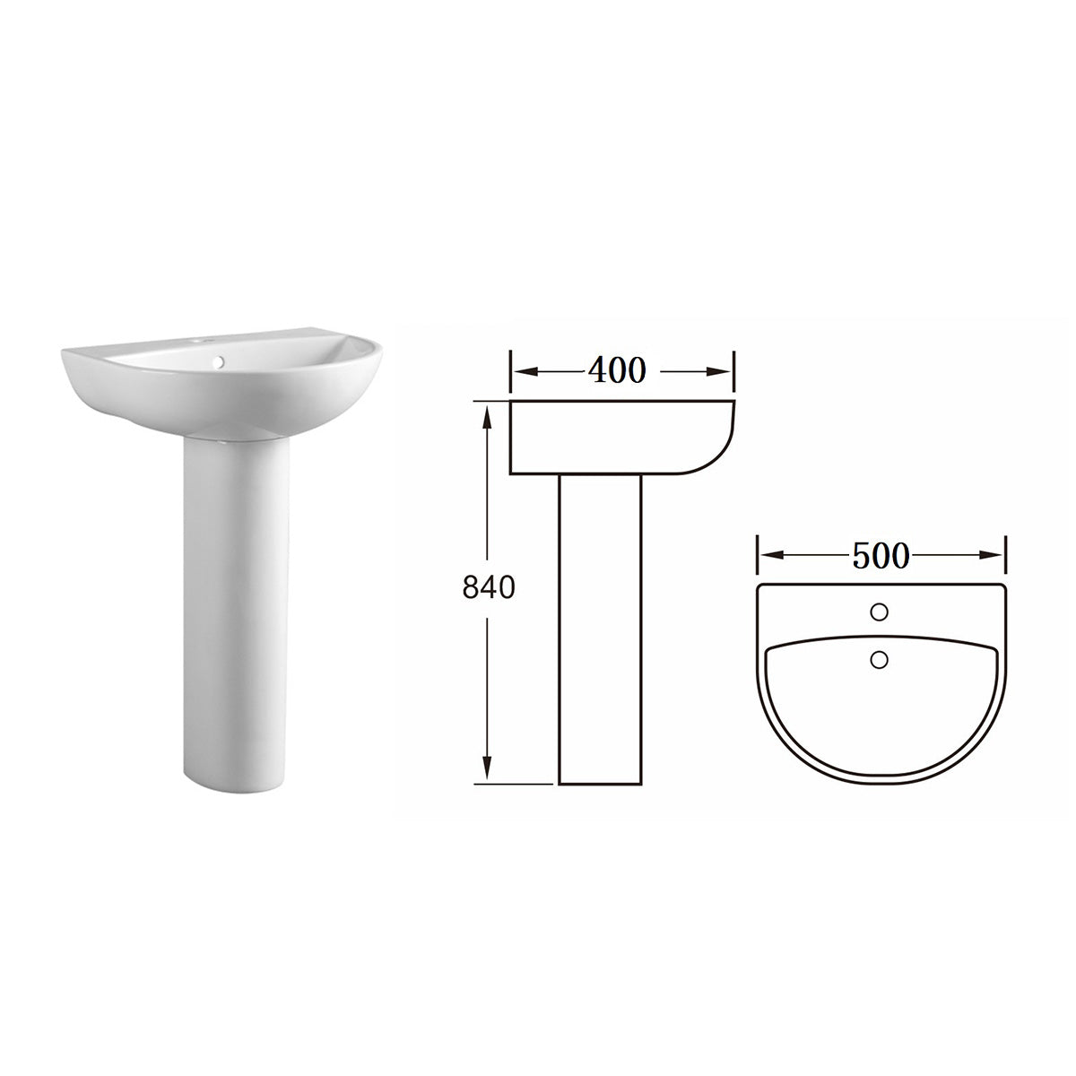 Ari 500mm 1 Tap Hole Basin & Full Pedestal - Technical drawing