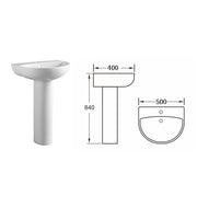Ari 500mm 1 Tap Hole Basin & Full Pedestal - Technical drawing