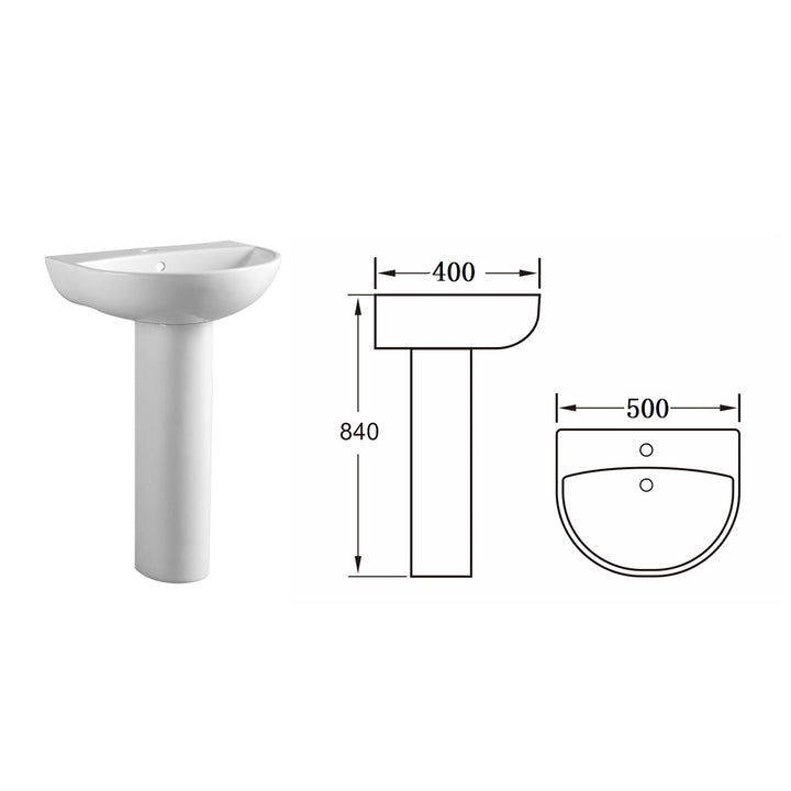 Ari 500mm 1 Tap Hole Basin &amp; Full Pedestal