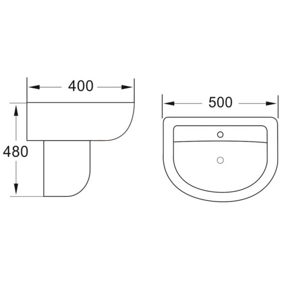 Ari 500mm 1 Tap Hole Basin & Semi Pedestal - Technical drawing