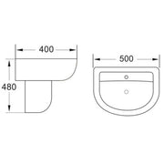 Ari 500mm 1 Tap Hole Basin & Semi Pedestal - Technical drawing