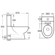 Ari Rimless Close Coupled Fully Back to Wall Toilet Cyclone Flush & Soft Close Seat - Technical drawing