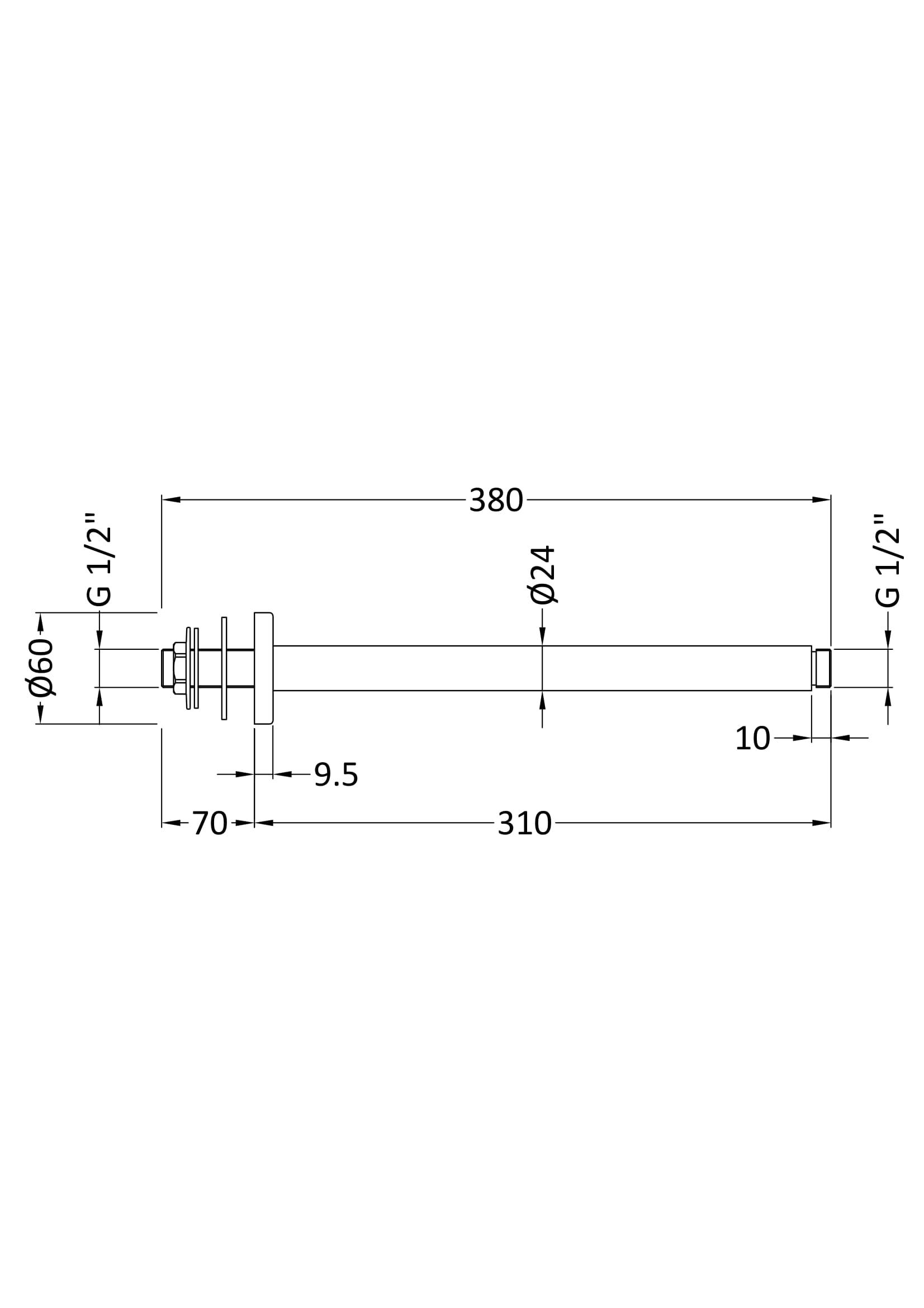 Hudson Reed Fixed Shower Heads Ceiling-Mounted Arm - Brushed Brass - Technical drawing