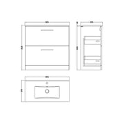 Nuie Arno 800mm Floor Standing Double Drawer Vanity Unit & Minimalist Basin - Solace Oak - Technical drawing