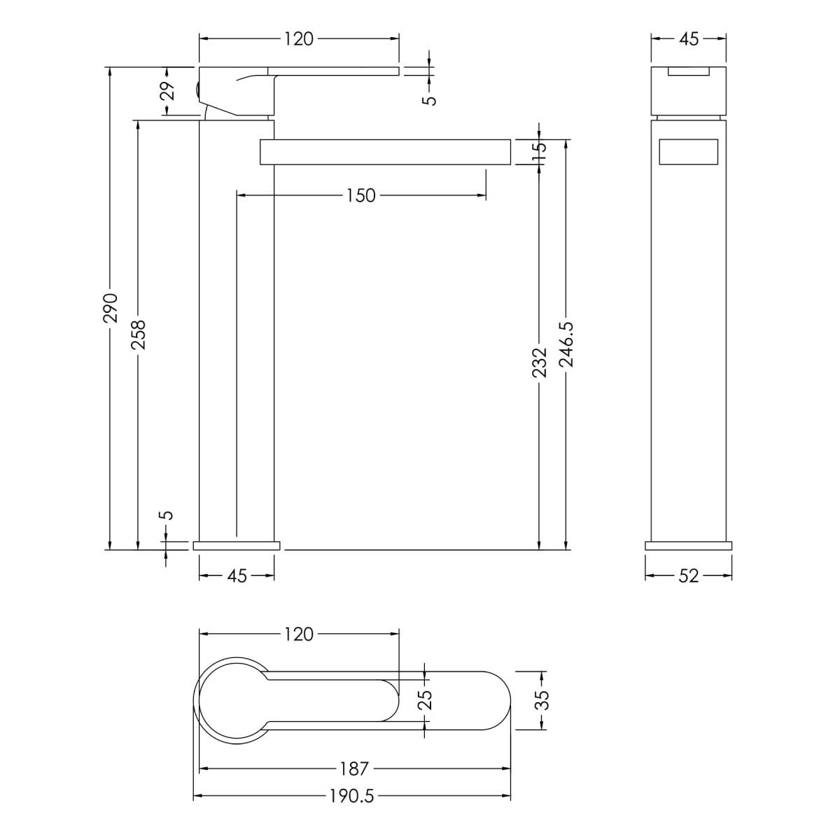 Nuie Arvan Tall Basin Mixer ARV370 - Technical drawing