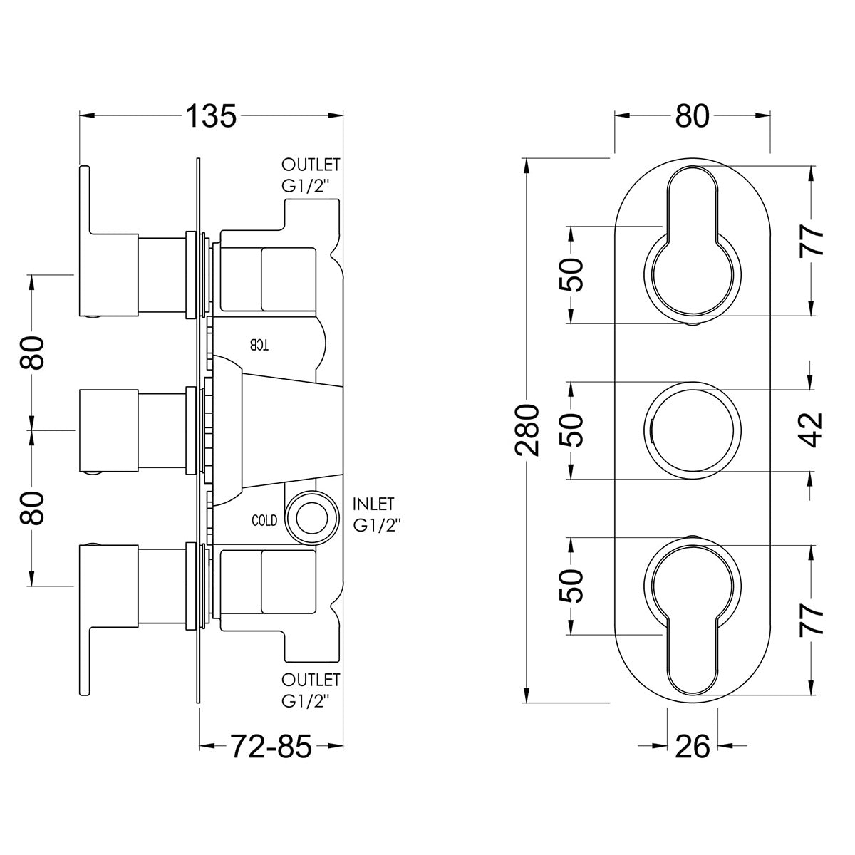 Nuie Triple Thermostatic Valve With Diverter - Matt Black - Technical drawing