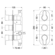 Nuie Triple Thermostatic Valve With Diverter - Matt Black - Technical drawing
