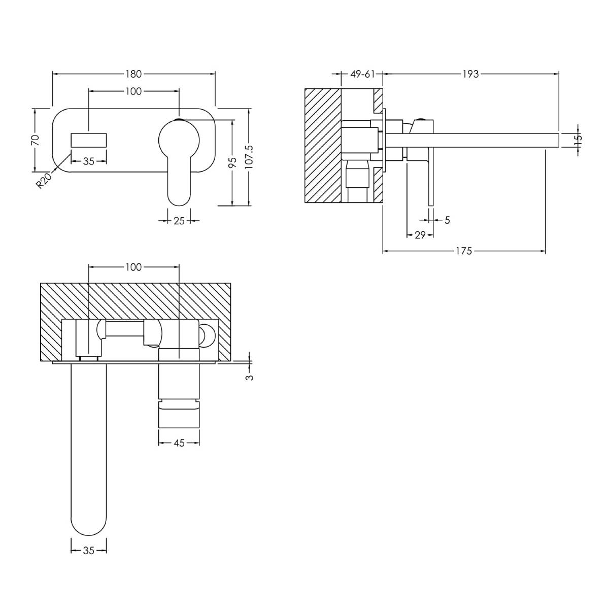 Nuie Arvan Wall Mounted 2 Hole Basin Mixer with Plate ARV728 - Brushed Gun Metal - Technical drawing