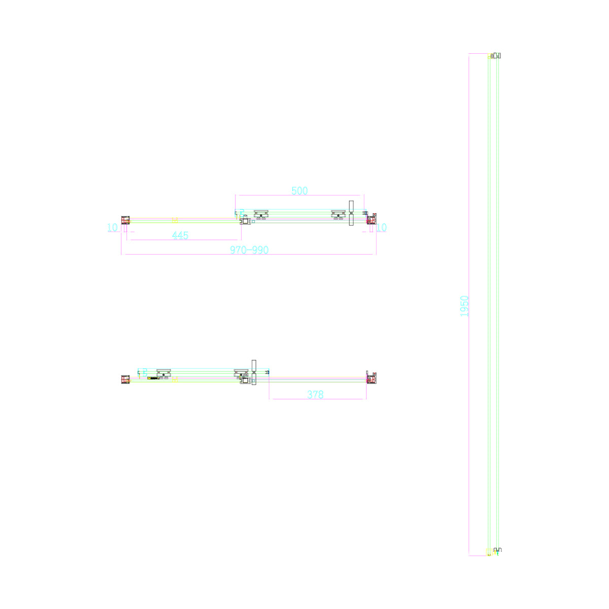 Dawn Asteria 1000mm Slim Frame Sliding Door Left Hand - Brushed Brass - Technical drawing