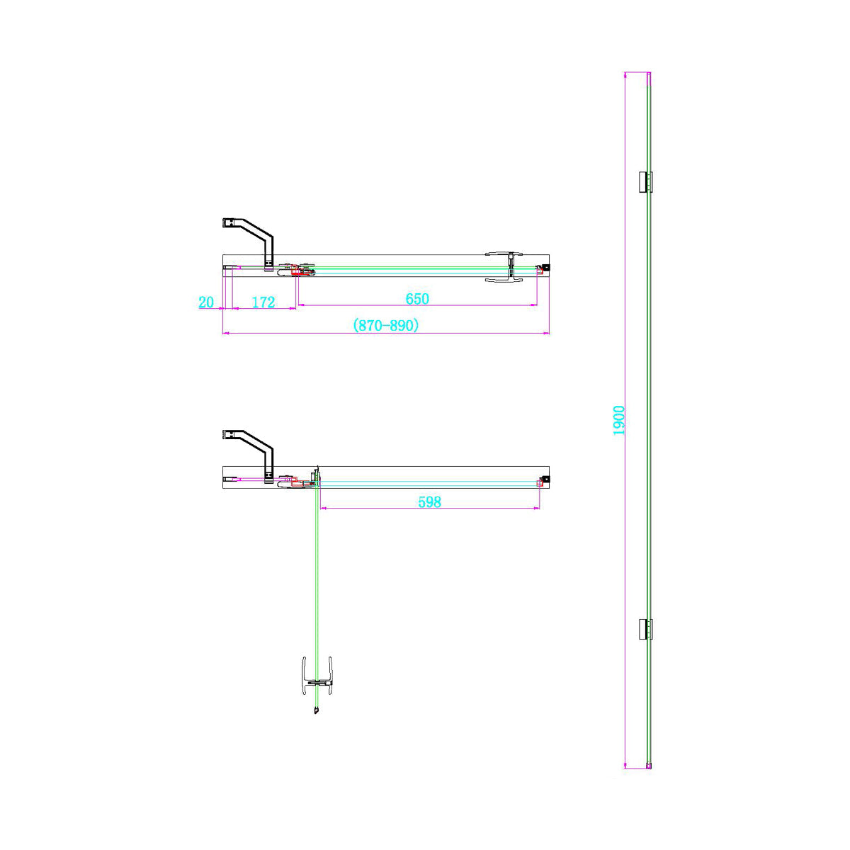 Dawn Athena 900mm Hinged In-Line Shower Door - Brushed Brass - Technical drawing