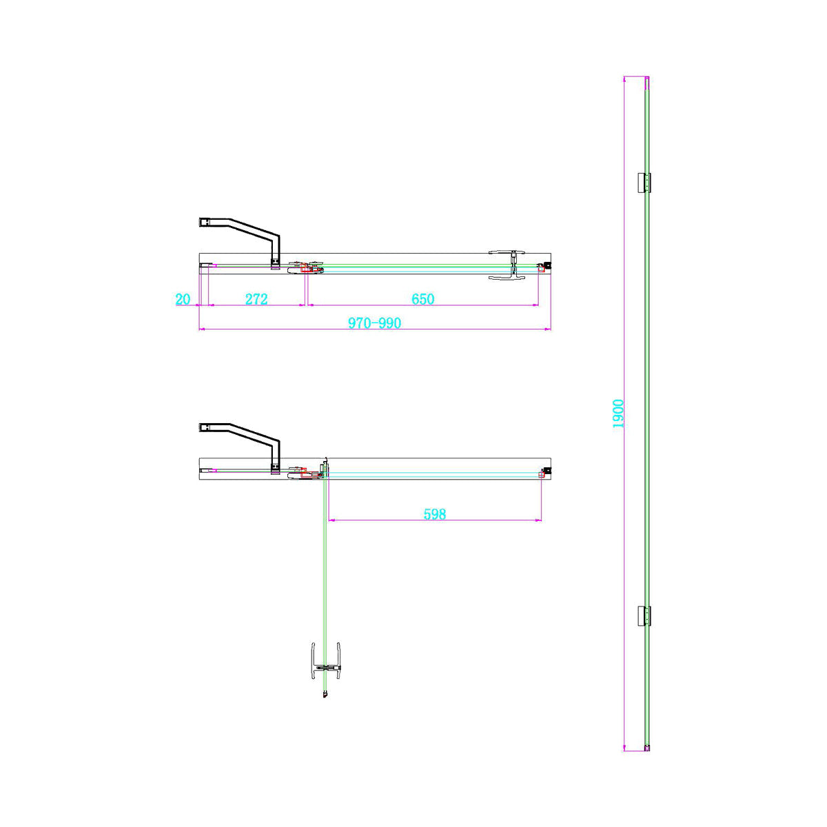 Dawn Athena 1000mm Hinged In-Line Shower Door - Brushed Brass - Technical drawing