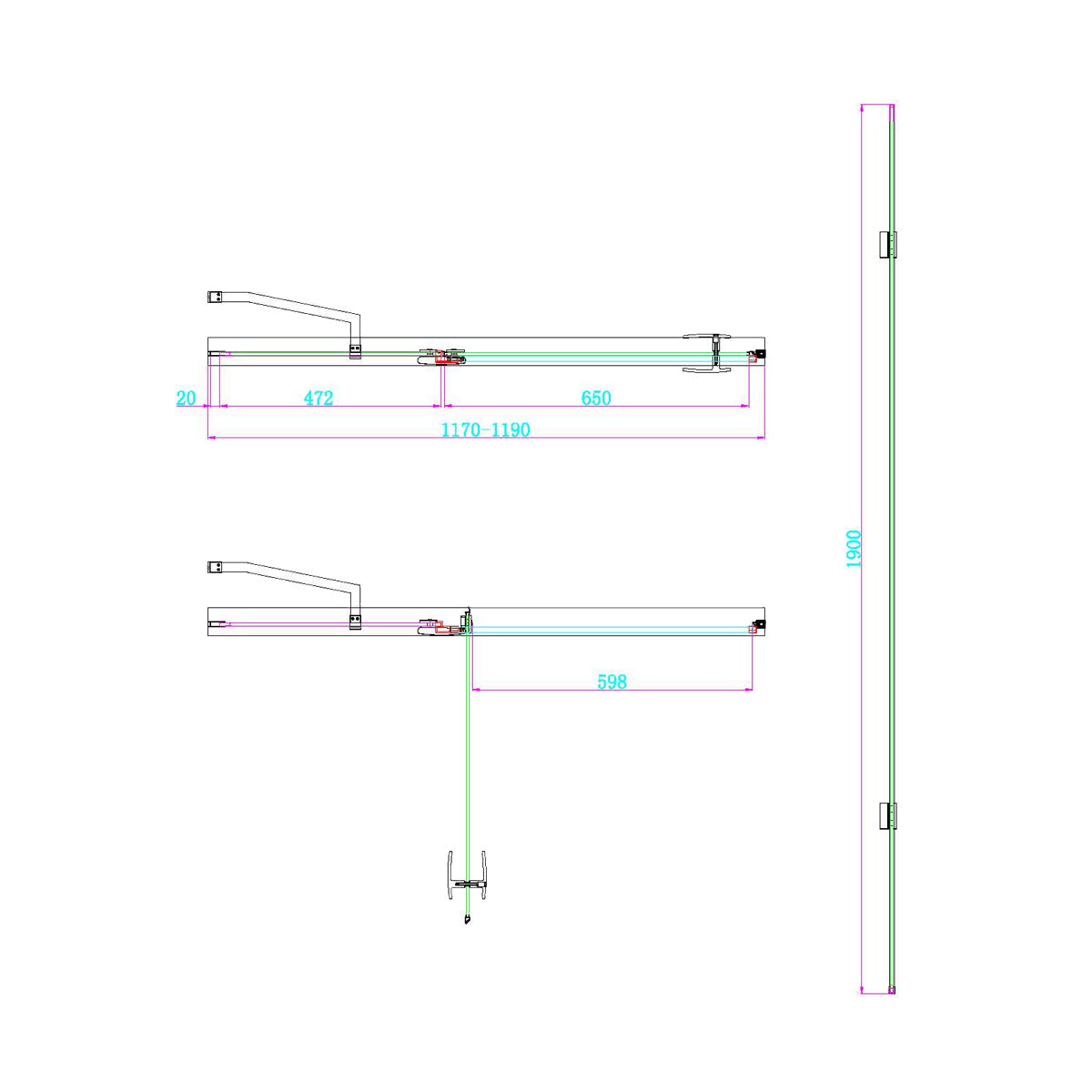 Dawn Athena 1200mm Hinged In-Line Shower Door - Technical drawing