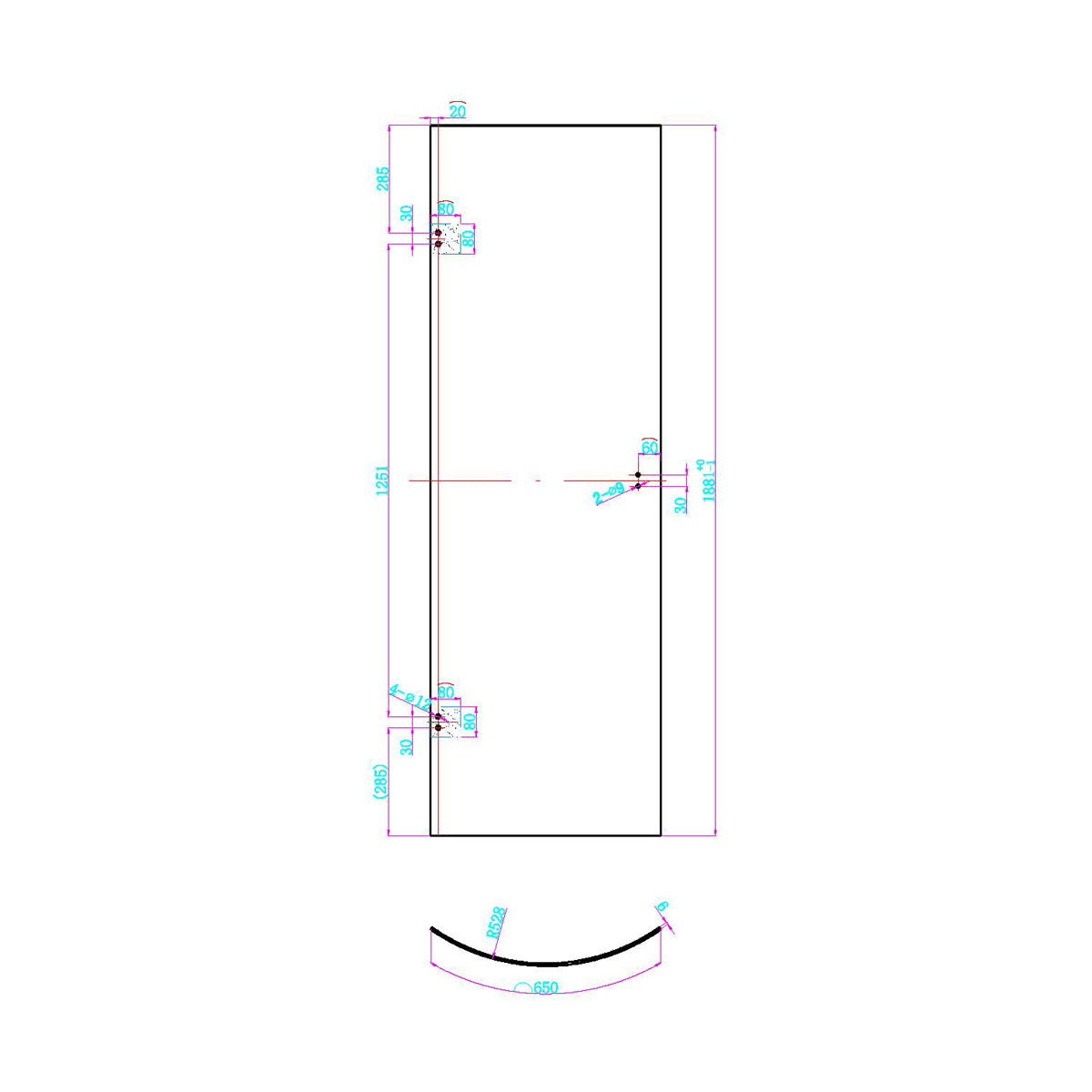 Dawn Athena 800 x 800mm Hinged Quadrant Shower Enclosure - Technical drawing