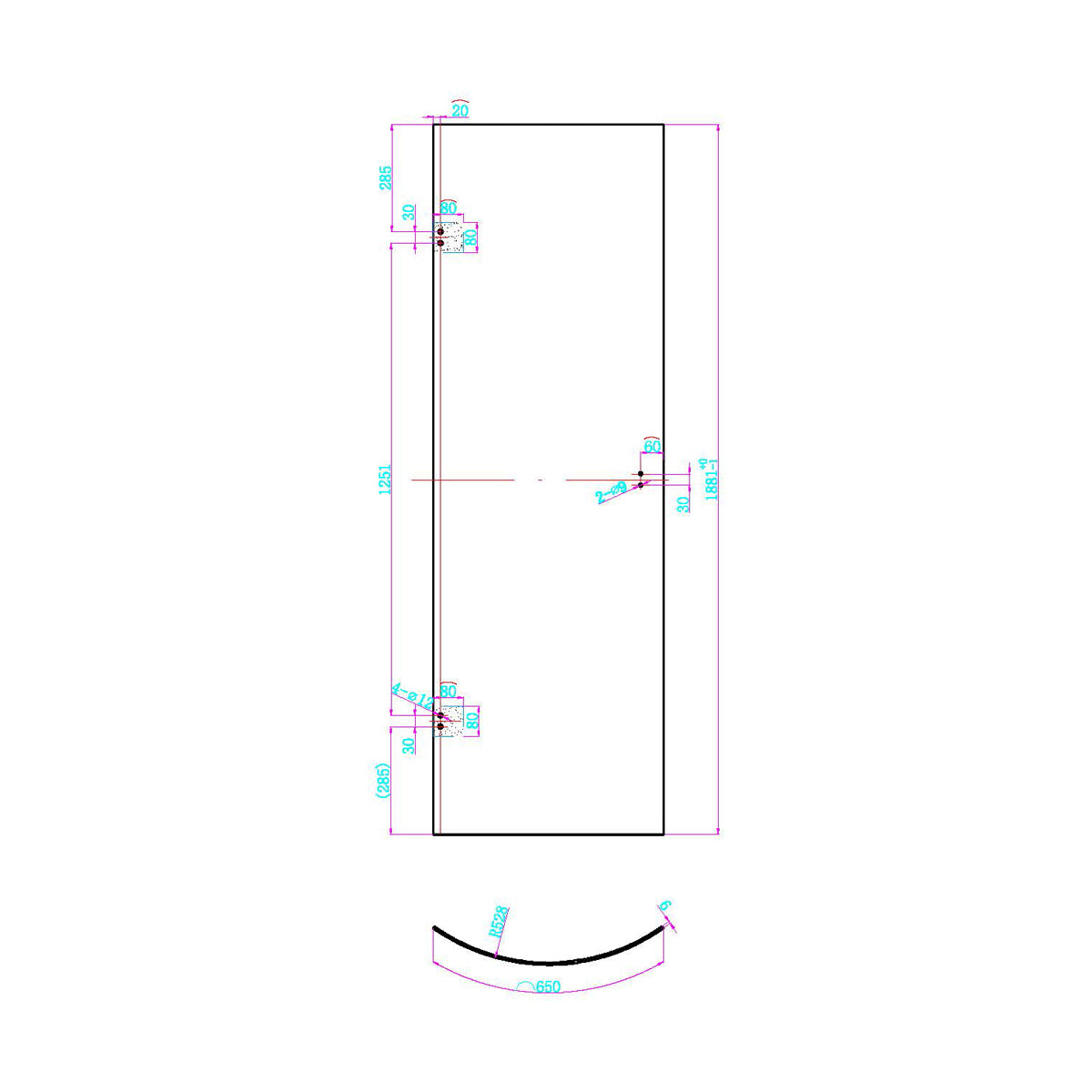 Dawn Athena 900 x 900mm Hinged Quadrant Shower Enclosure - Technical drawing