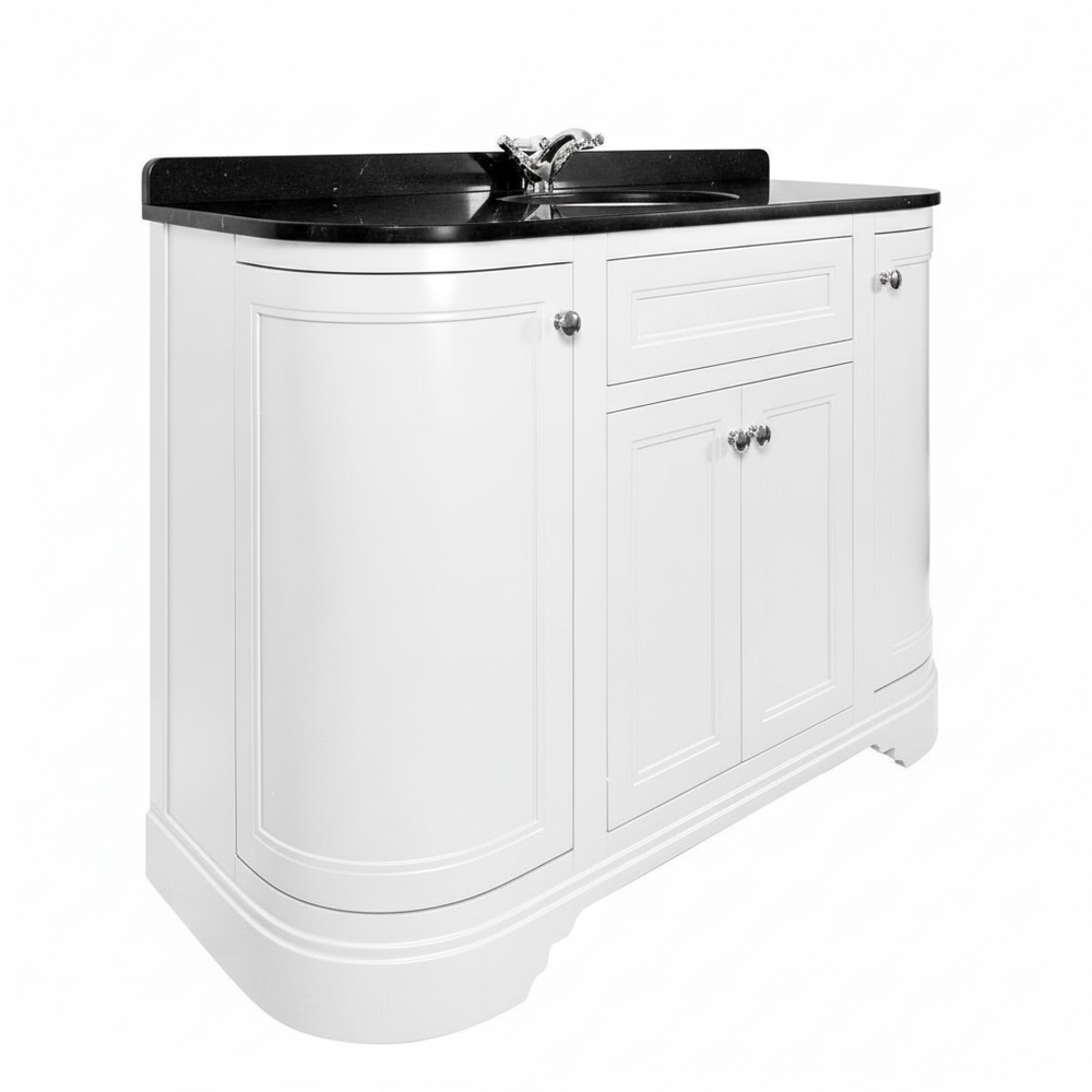 Kingsbury Classic Curved 1200mm Floor Standing Vanity Unit, Black Worktop & Ceramic Basin - White