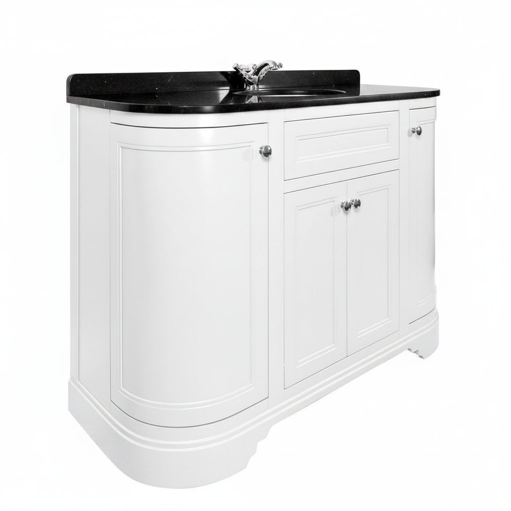 Kingsbury Classic Curved 1200mm Floor Standing Vanity Unit, Black Worktop &amp; Ceramic Basin - White