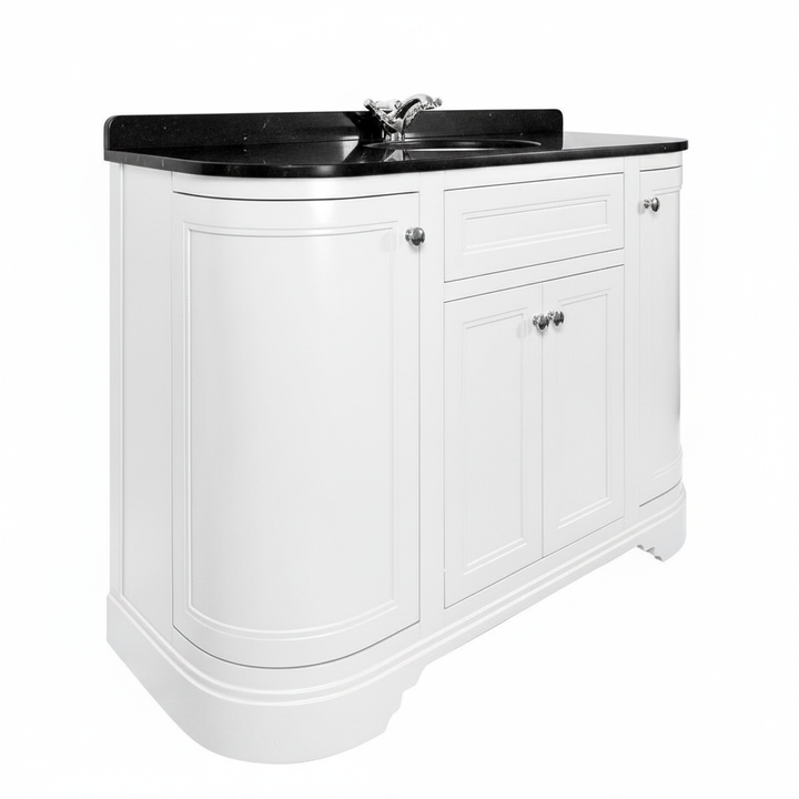 Kingsbury Classic Curved 1200mm Floor Standing Vanity Unit, Black Worktop &amp; Ceramic Basin - White