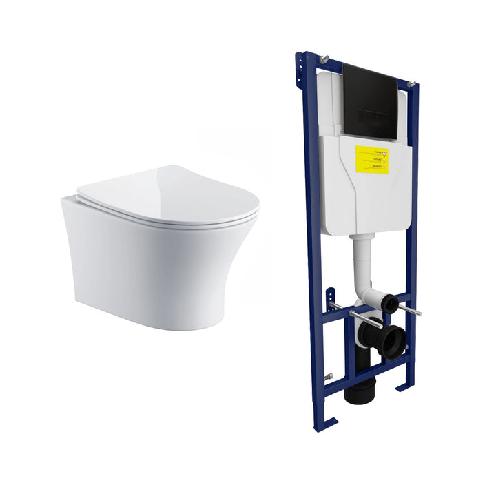 Wall Hung Toilet &amp; SAN85 1.1m Wall Hung WC Frame Deal &amp; Black Flush Plate