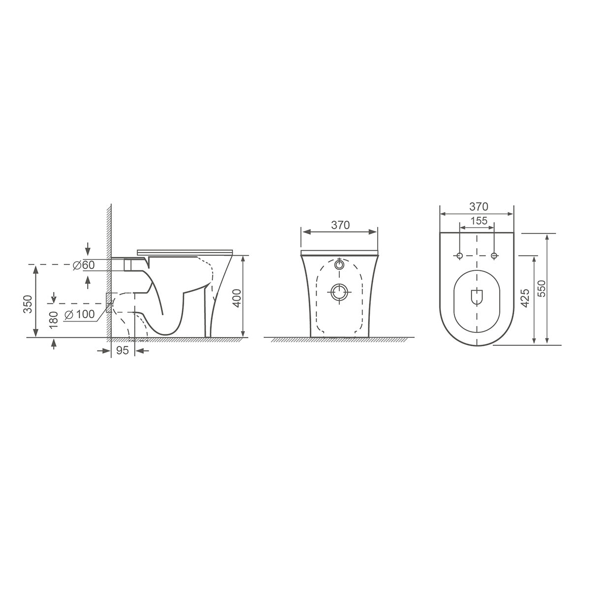 Bali Rimless Back to Wall Toilet & Soft Close Seat - Technical drawing