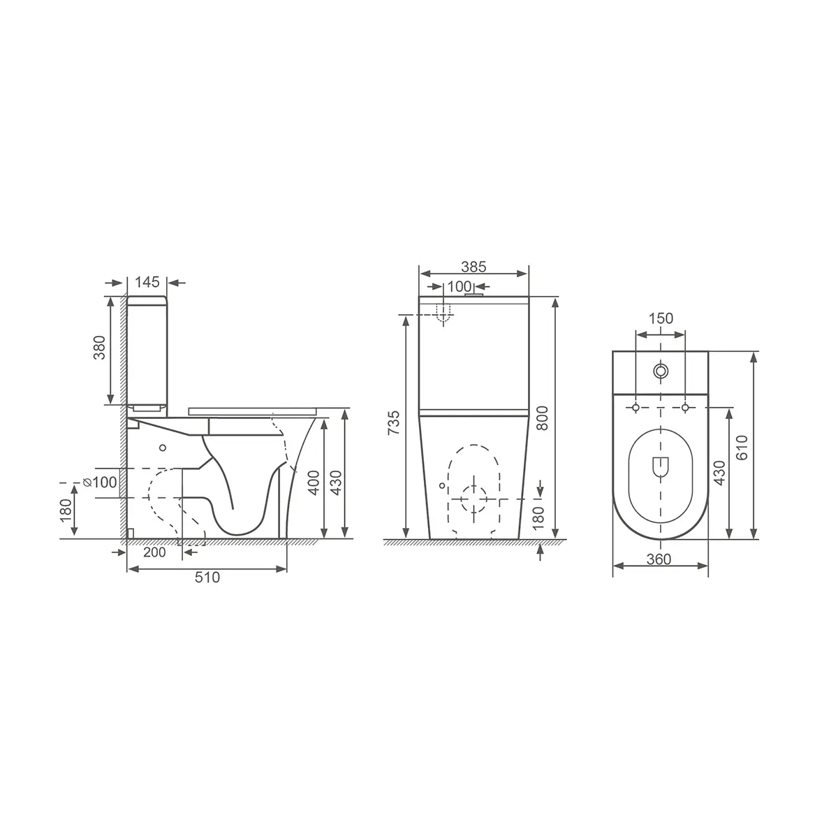 Bali Rimless Fully Back to Wall Toilet and Bidet Deal - Technical drawing
