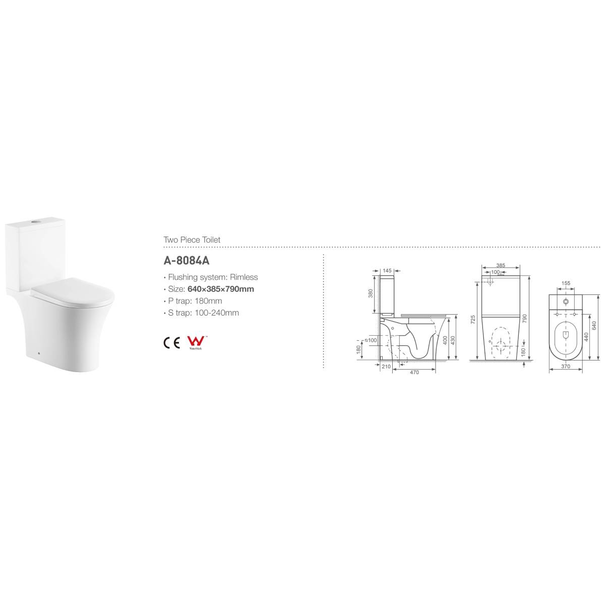 Bali Rimless Close Coupled Open Back Toilet & Soft Close Seat - Technical drawing