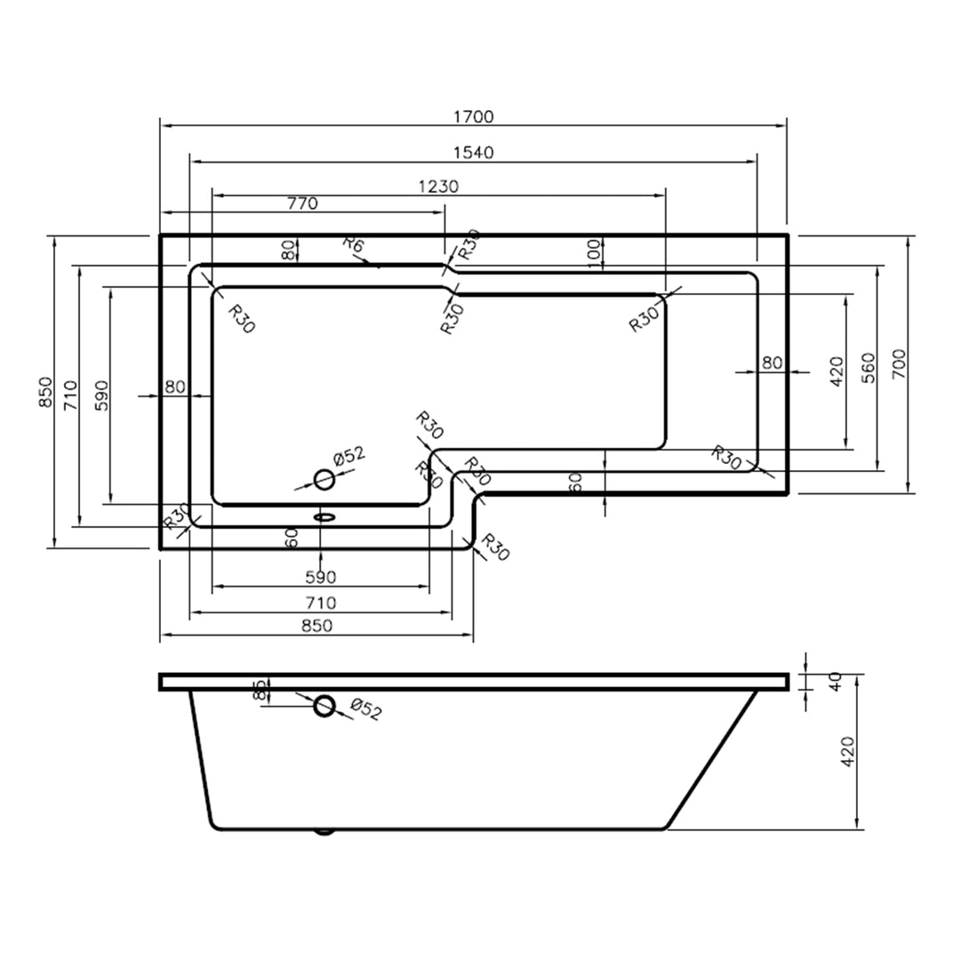 Linea 1700mm L-Shape Shower Bath, Front Panel &amp; Screen - Left Hand