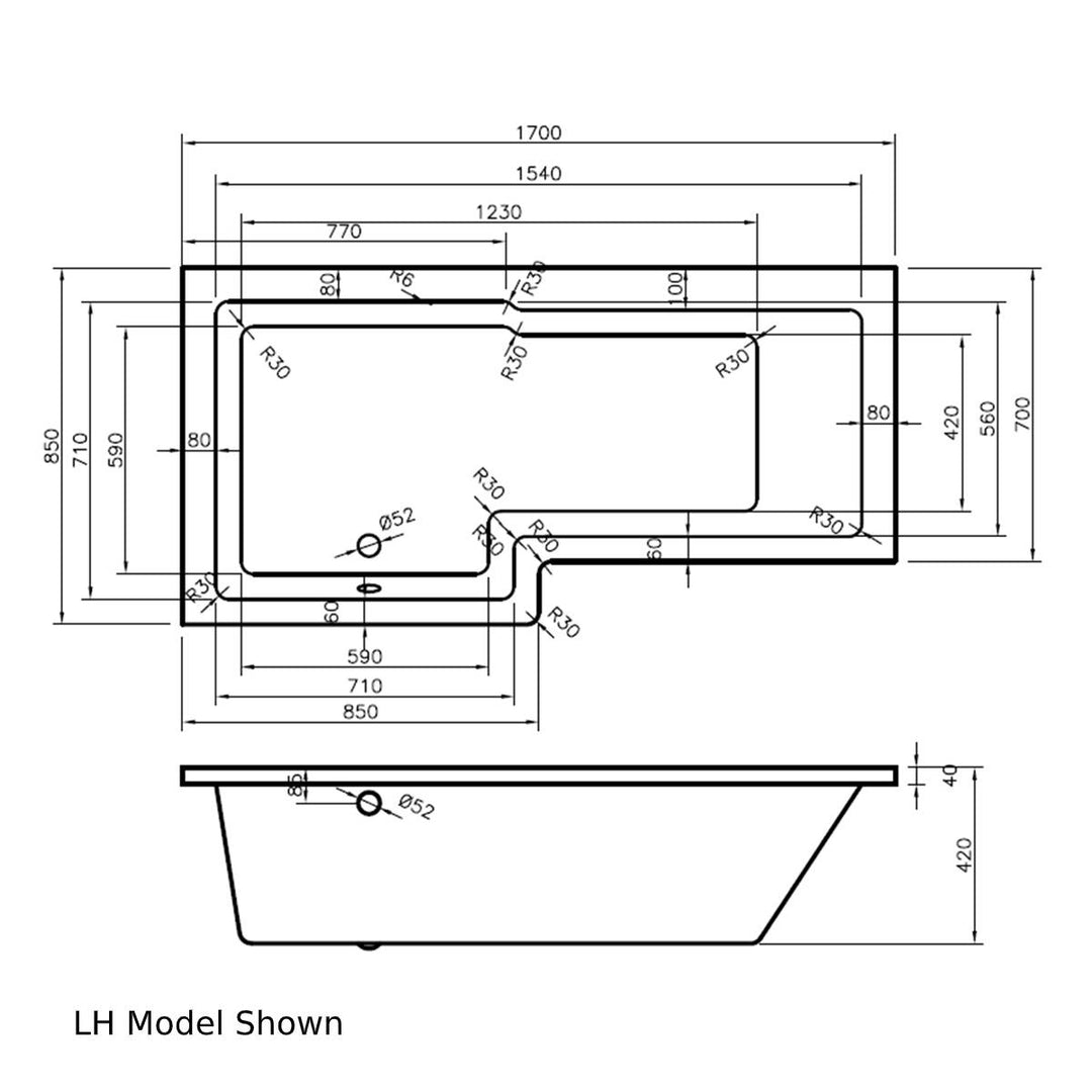 Linea 1700mm L-Shape Shower Bath, Front Panel &amp; Screen - Right Hand