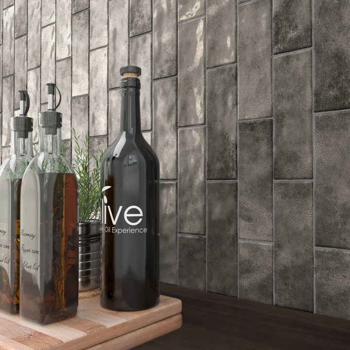 Borgo Crackle Graphite 6.5 x 20cm White Body Wall Tile - 0.36sqm perbox