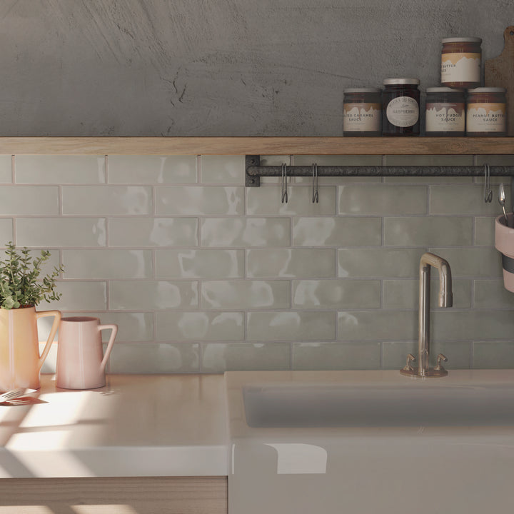 Borgo Glossy Soft Grey 6.5 x 20cm White Body Wall Tile - 0.36sqm perbox