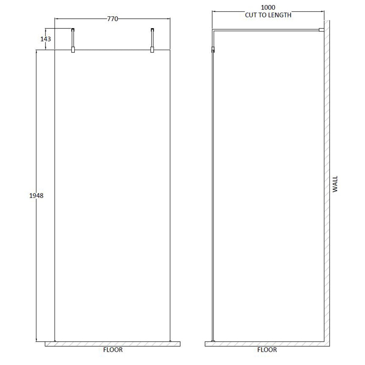 Hudson Reed 800mm Wetroom Screen with Arms and Feet - Brushed Brass - Technical drawing