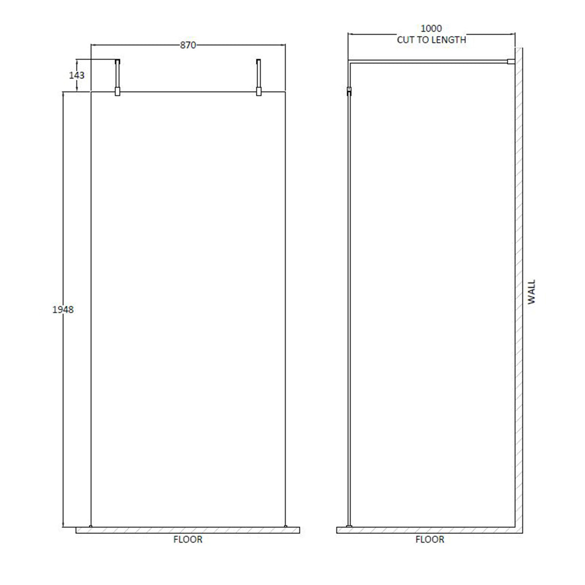 Hudson Reed 900mm Wetroom Screen with Arms and Feet - Brushed Brass - Technical drawing