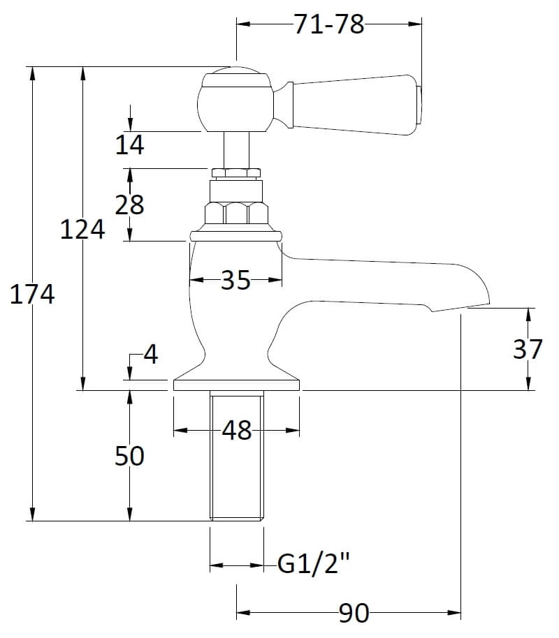 Hudson Reed Topaz with Lever Basin Pillar Taps & Hexagonal Collar - White BC301HL - Technical drawing