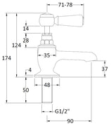 Hudson Reed Topaz with Lever Basin Pillar Taps & Hexagonal Collar - White BC301HL - Technical drawing
