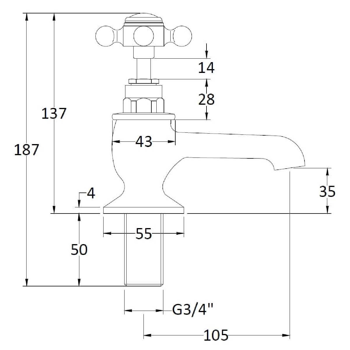 Hudson Reed Topaz with Crosshead Bath Pillar Taps & Hexagonal Collar - White BC302HX - Technical drawing